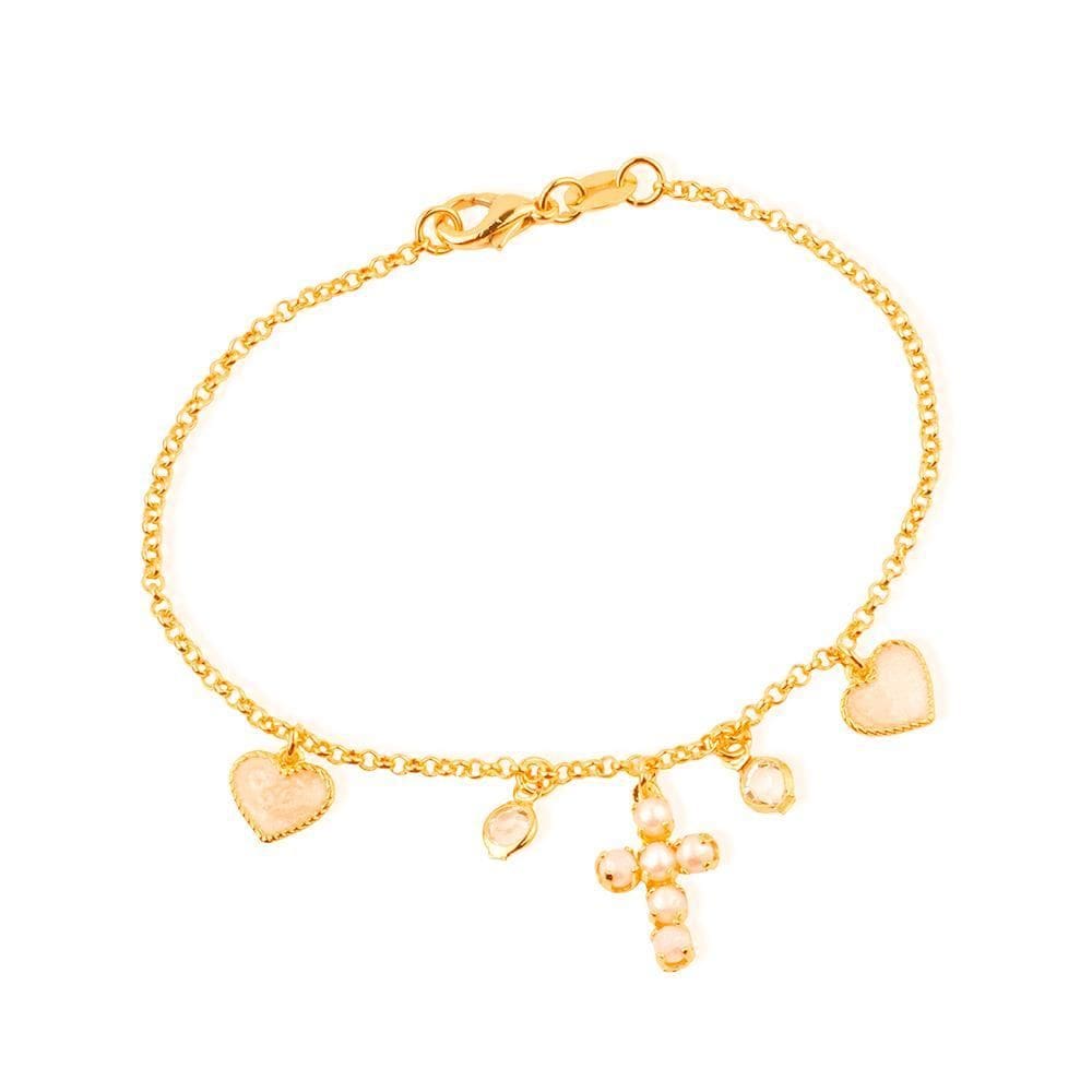 Pulseira Dourada Religiosa Cruz Pérolas Coração Madrepérola