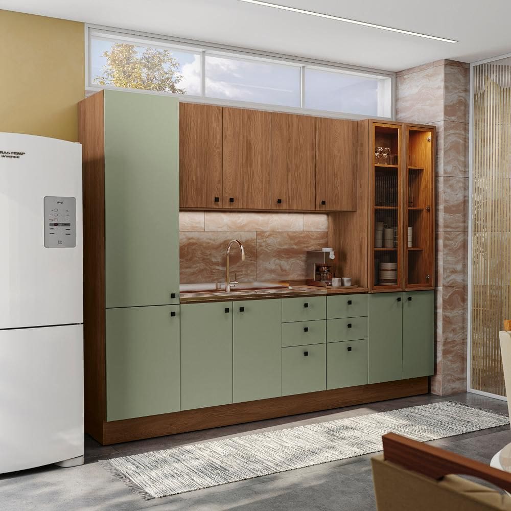 Cozinha Modulada Pixel Kappesberg 100% MDP Canela/Verde Frevo/Canela 280cm