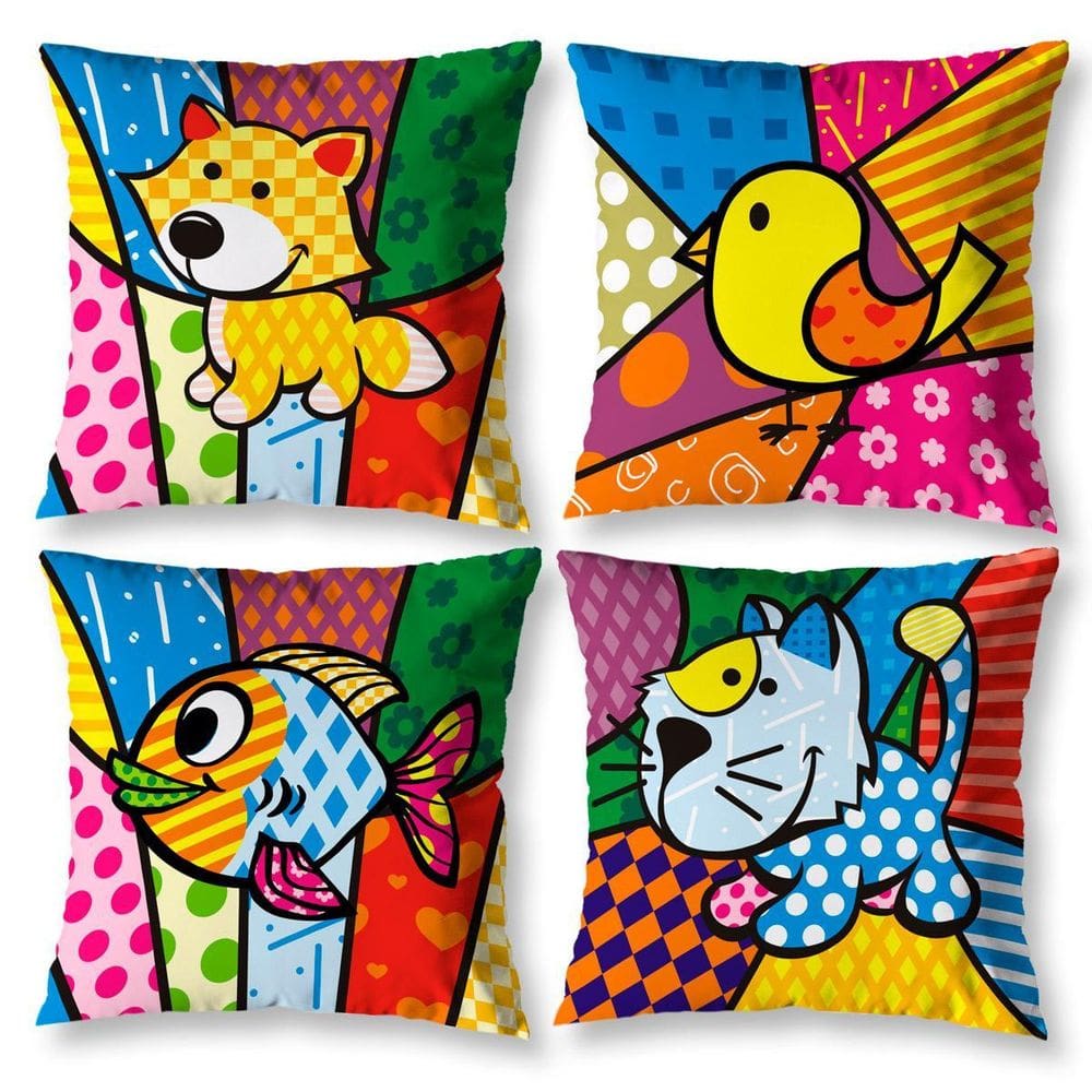 Kit 4 Capas Almofada Sala 40Cm X 40Cm Estampadas Pop Bicho