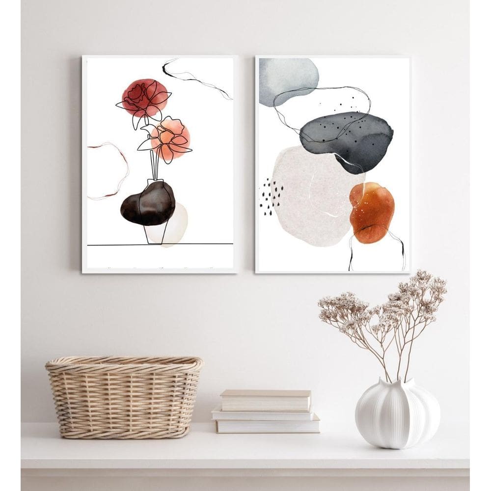 Kit 2 Quadros Decorativos Flor E Abstrato- Manchas Aquarela