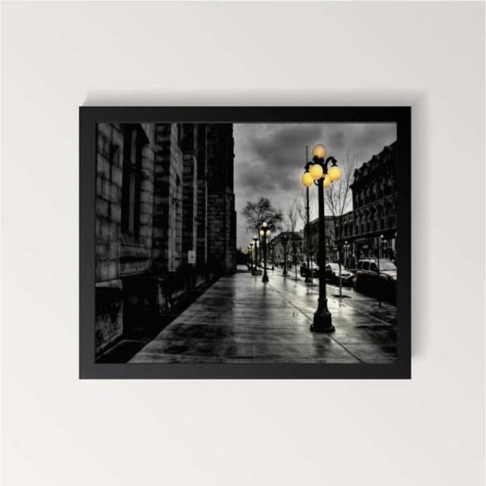 Quadro Cidade Com Poste Iluminado 24X18Cm Moldura Preta