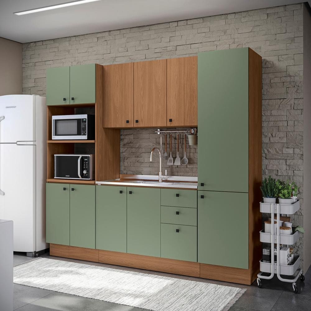 Cozinha Modulada Pixel Kappesberg 100% MDP Canela/Verde Frevo/Canela 240cm