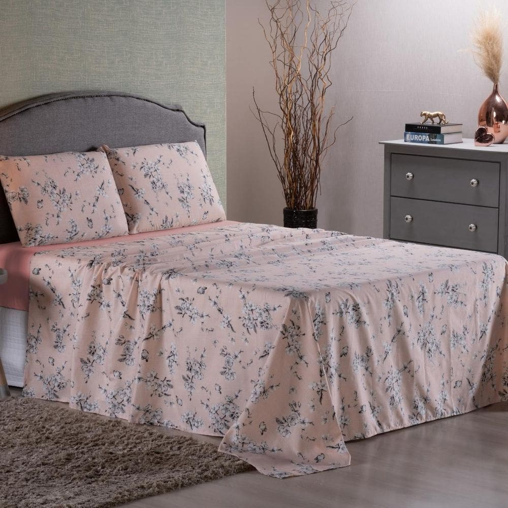 Lençol Casal 4 Peças Micropercal 400 Fios Estampa Primavera