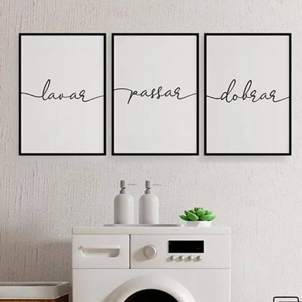 Kit 3 Quadros Lavanderia Lavar Passar Dobrar 33X24Cm - Preta
