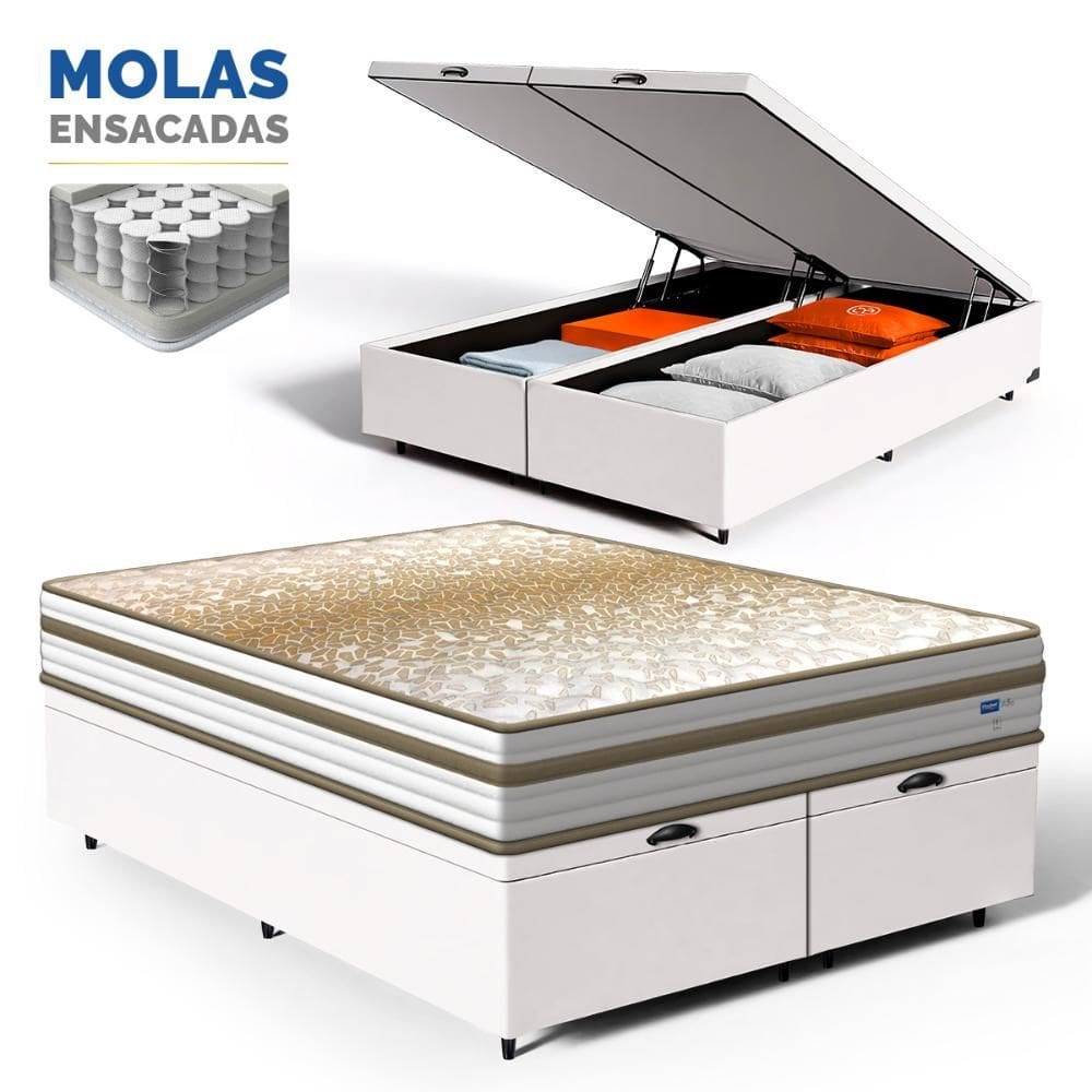 Cama Box Baú com Colchão de Molas Ensacadas Double Face Pillow Euro Alfa Probel Queen 158cm