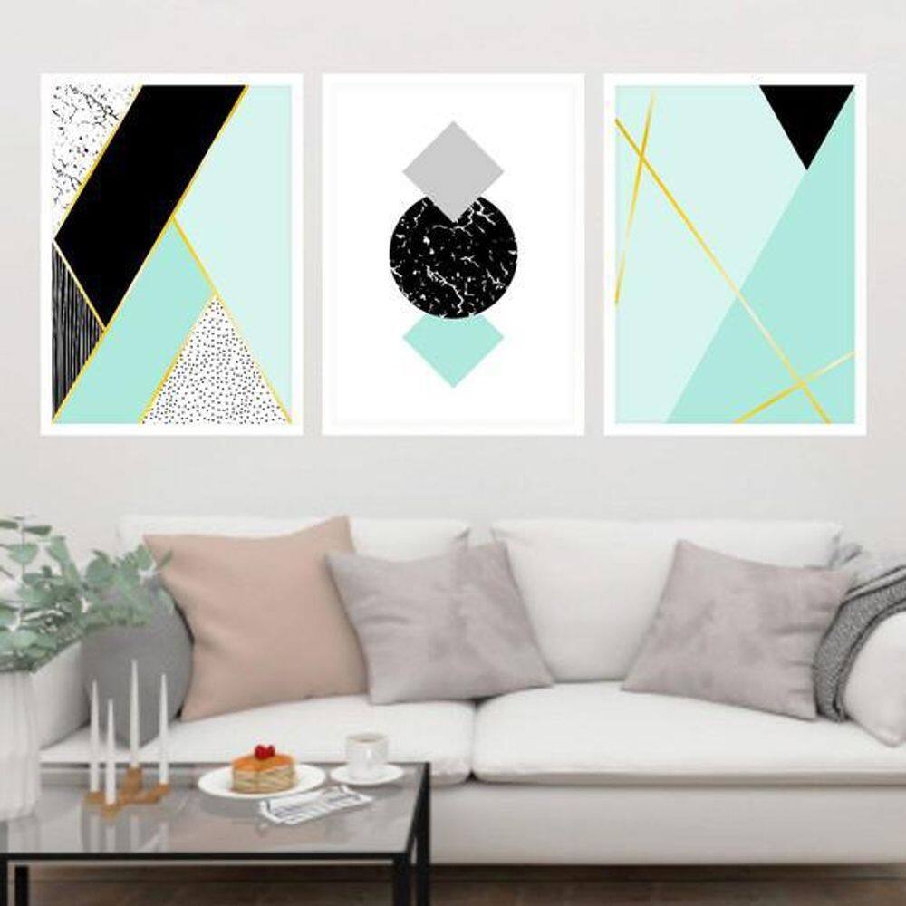 Kit 3 Quadros Decorativos Geométrico Turquesa