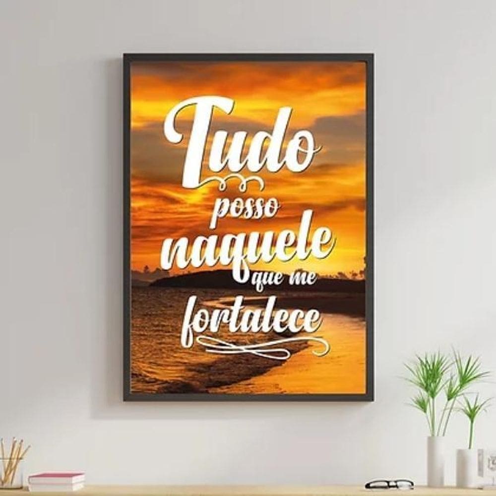 Quadro Por Do Sol Tudo Posso 24X18Cm Madeira Preta