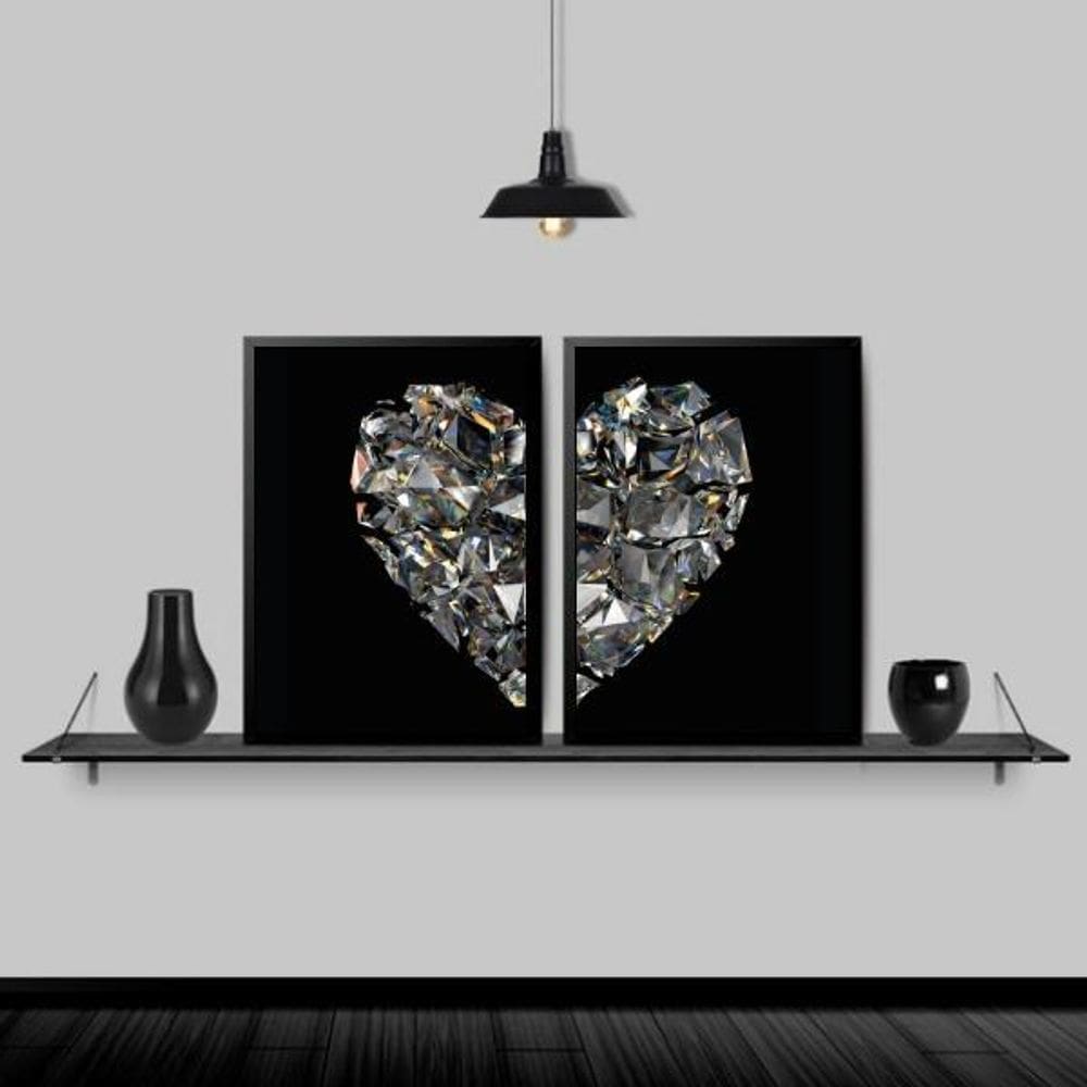 Kit 2 Quadros Coração De Diamantes 24X18Cm Preta