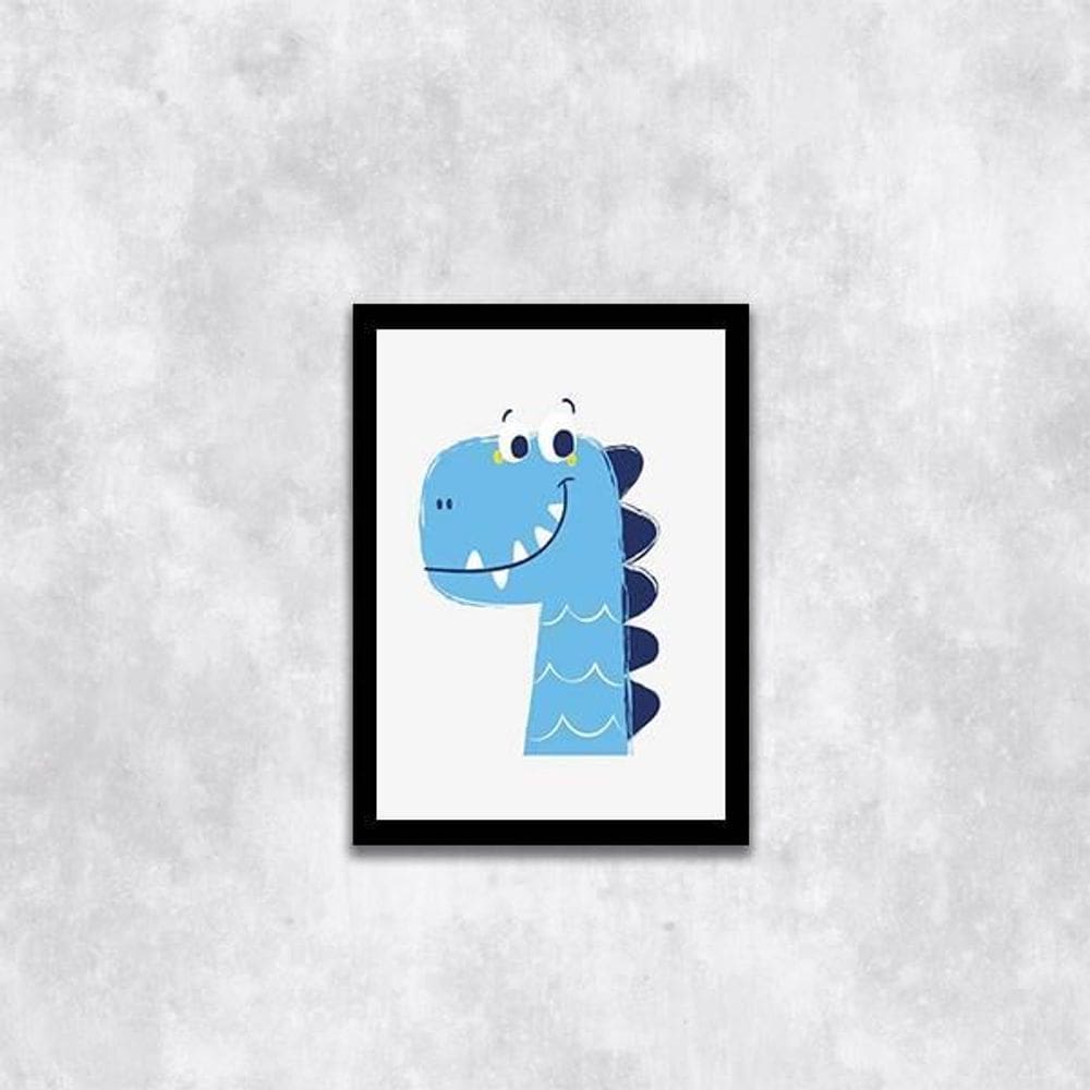 Quadro Ilustração Infantil Dinossaurinho Azul 45X34 Preta