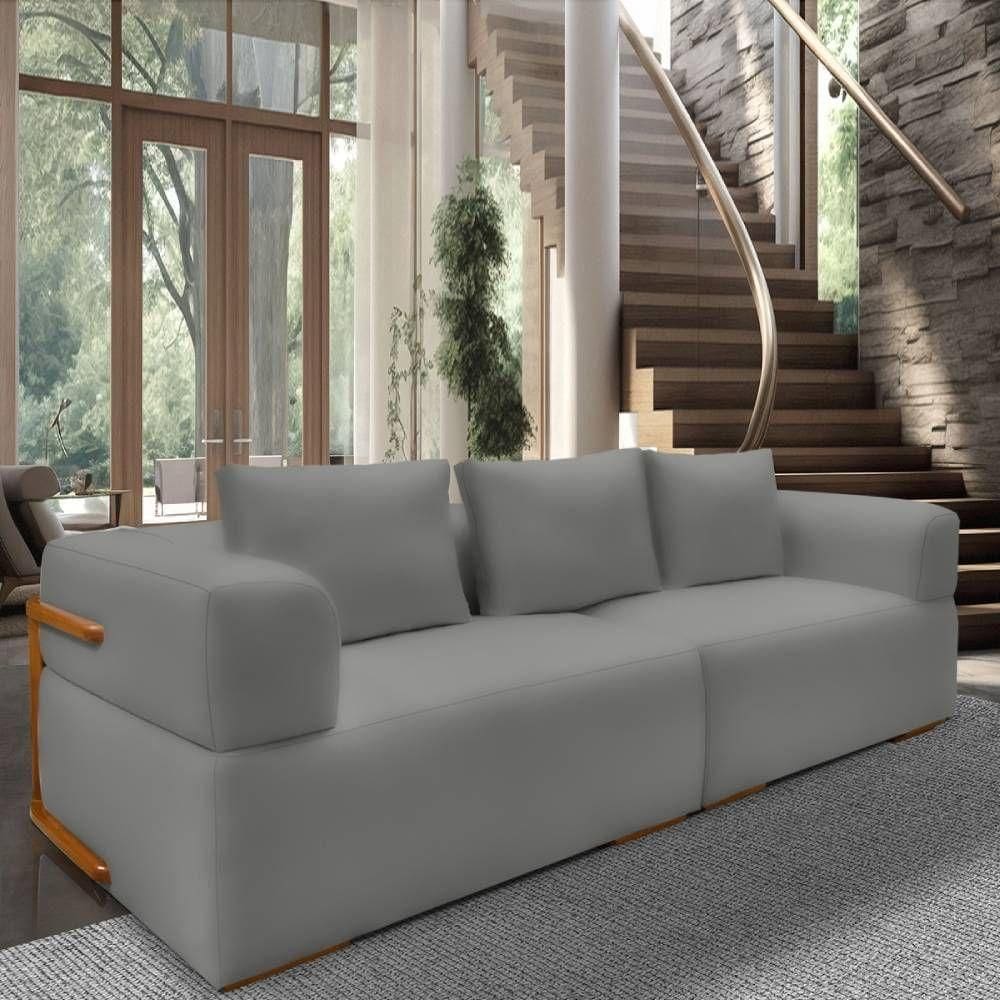 Sofá 4 Lugares 2,80m Em Tecido Veludo Com Aplique Em Madeira – Scott Lucadi Cinza