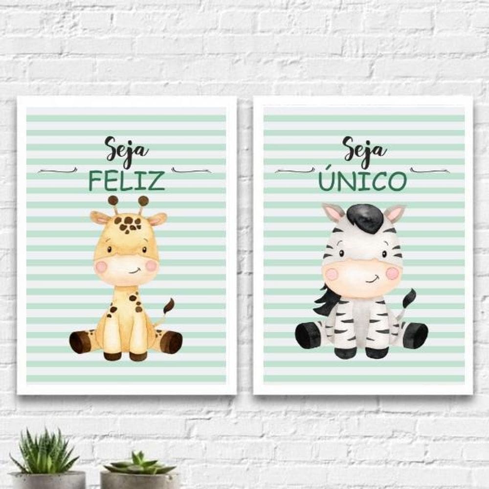 Kit 2 Quadros Infantil Tema Safari Seja Feliz 45X34Cm Branca