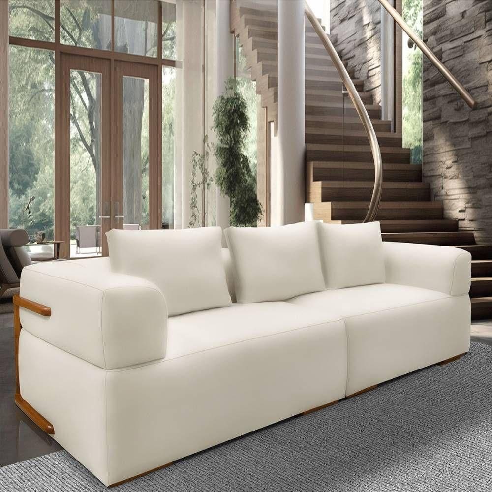 Sofá 4 Lugares 2,80m Em Tecido Veludo Com Aplique Em Madeira – Scott Lucadi Bege