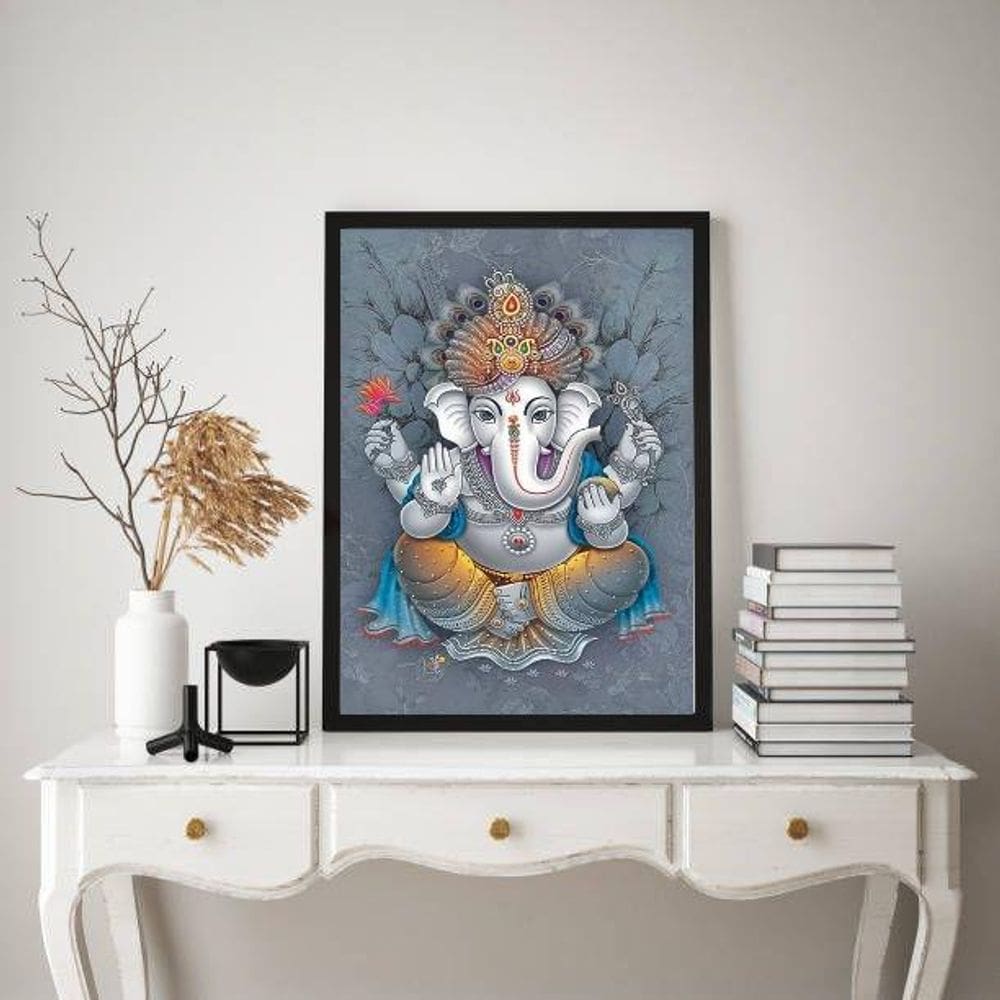 Quadro Ganesha Fundo Cinza 45x34cm - Madeira Branca