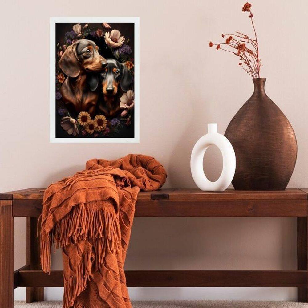 Quadro Dachshunds Entre Flores 33X24Cm - Com Vidro