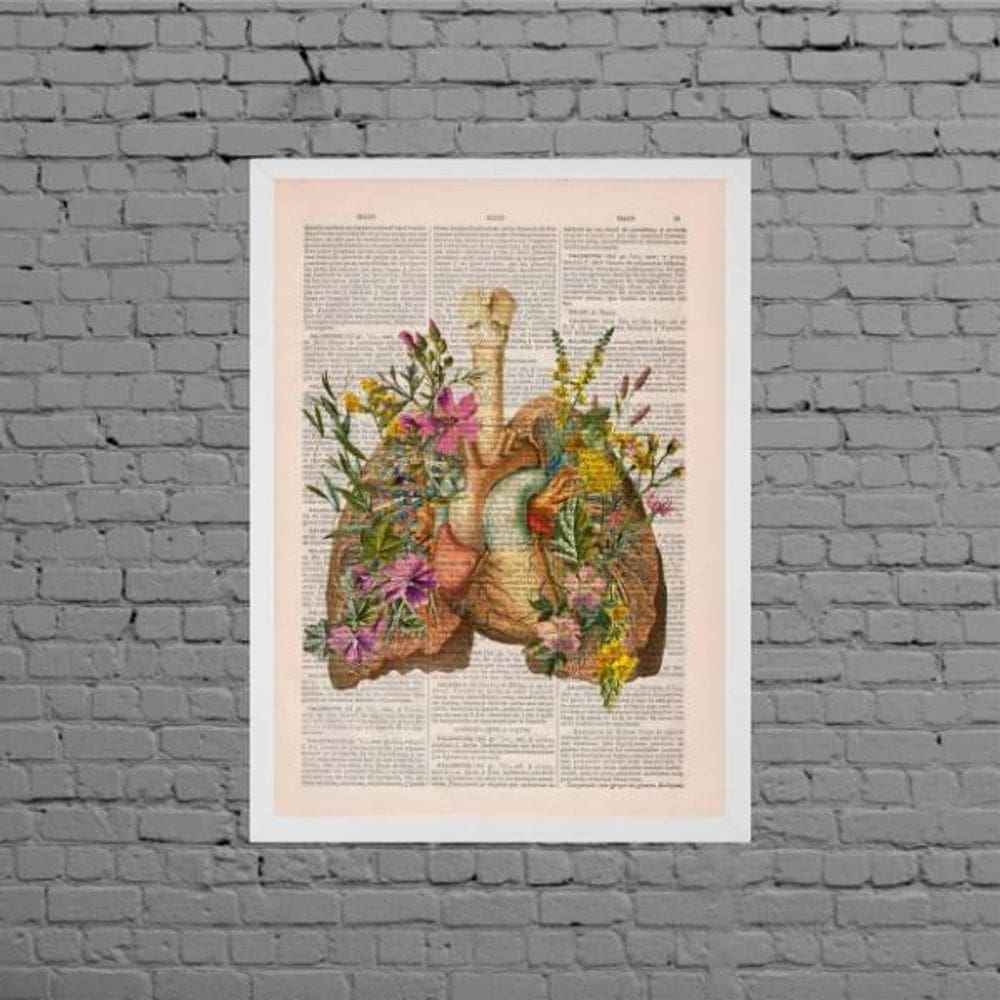 Quadro Decorativo Pulmão Com Flores 45X34Cm Moldura Branca