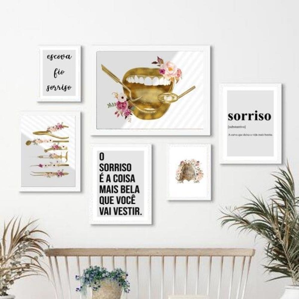 Kit 6 Quadros Odontologia Flores - Madeira Branca