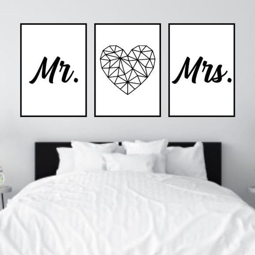 Quadros Mr Mrs Coração Geométrico Moldura Preta 24X18Cm 3Un