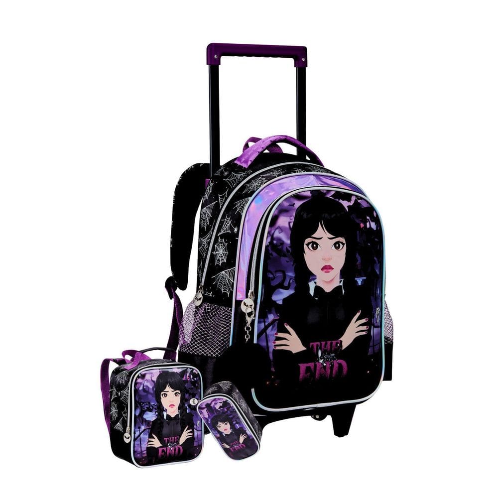 Kit Escolar Mochila Rodas + Lancheira + Estojo Wandinha Roxo