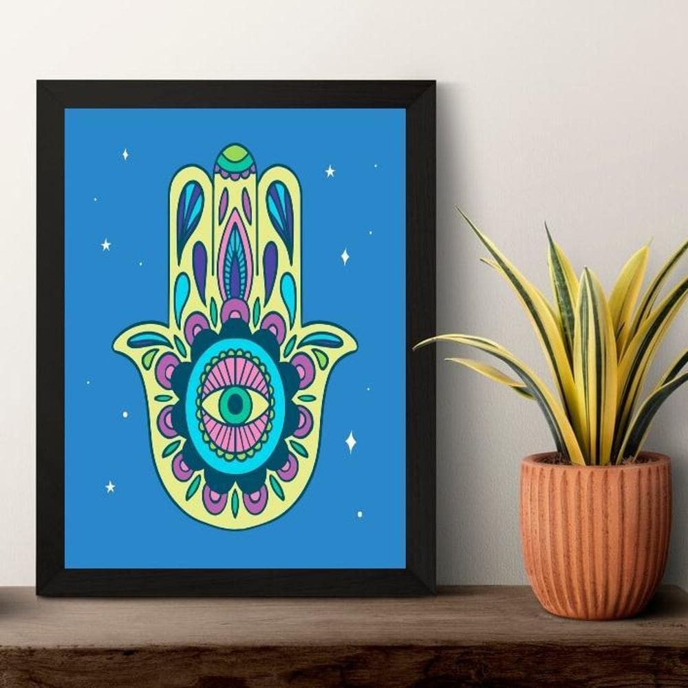 Quadro Esotérico Olho Grego E Hamsa - Azul 24X18Cm