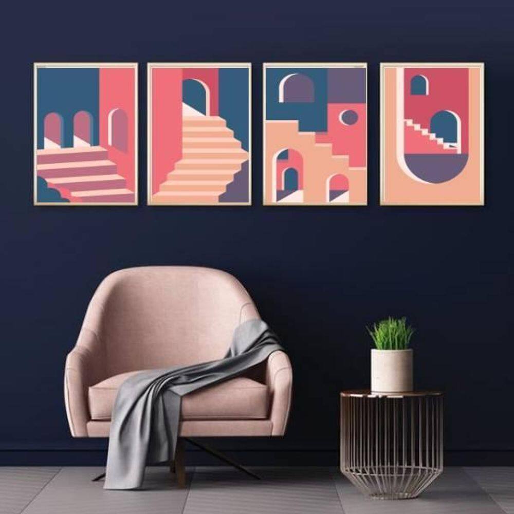 Kit 4 Quadros Figurativo Abstrato Rosa E Azul 45X34 Preta