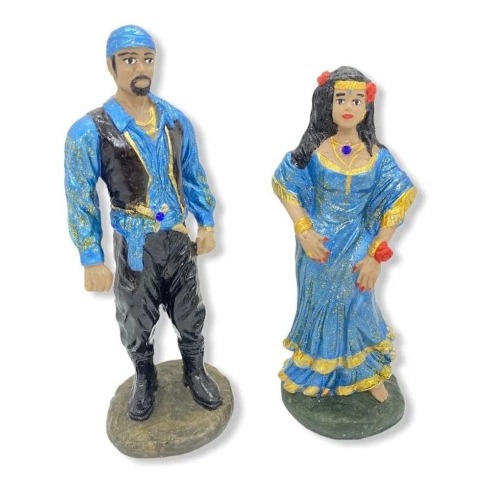 Escultura Umbanda Ciganos Casal Azul Metal 15 Cm Resina