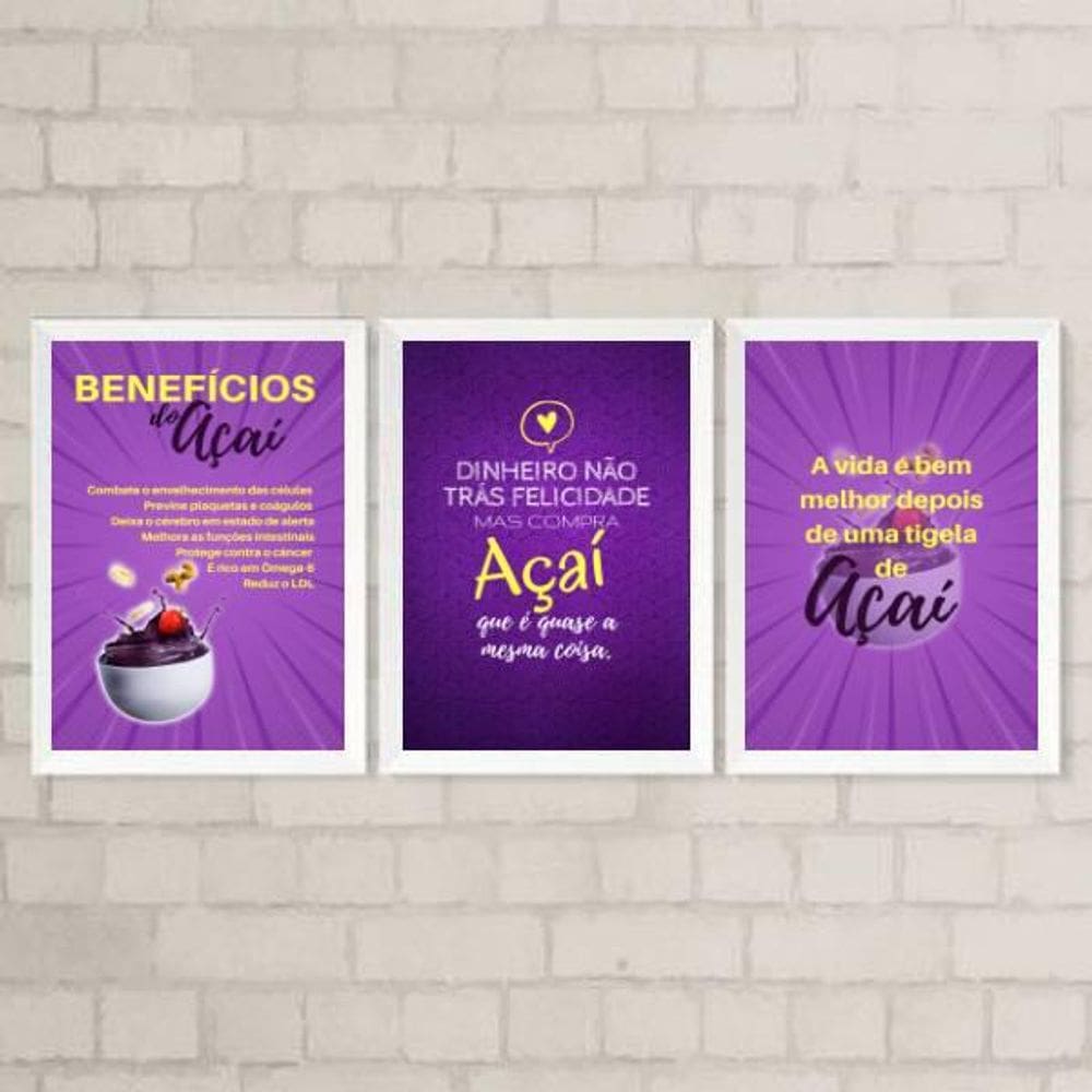 Kit 3 Quadros Decorativos Frases Açaí 45X34Cm - Branca