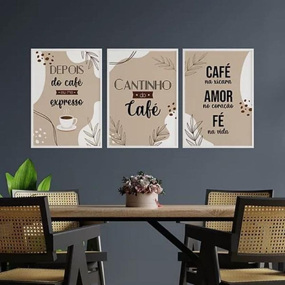 Kit 3 Quadros Cantinho Do Café Abstrato 45X34 Madeira Branca