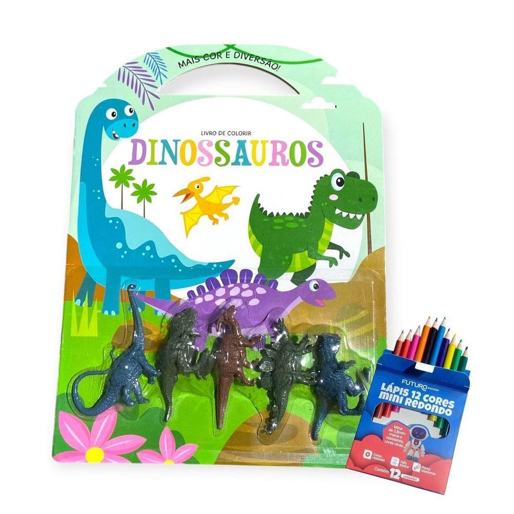 Kit Livro De Colorir + 5 Mini Dinossauros + 12 Lápis De Cor