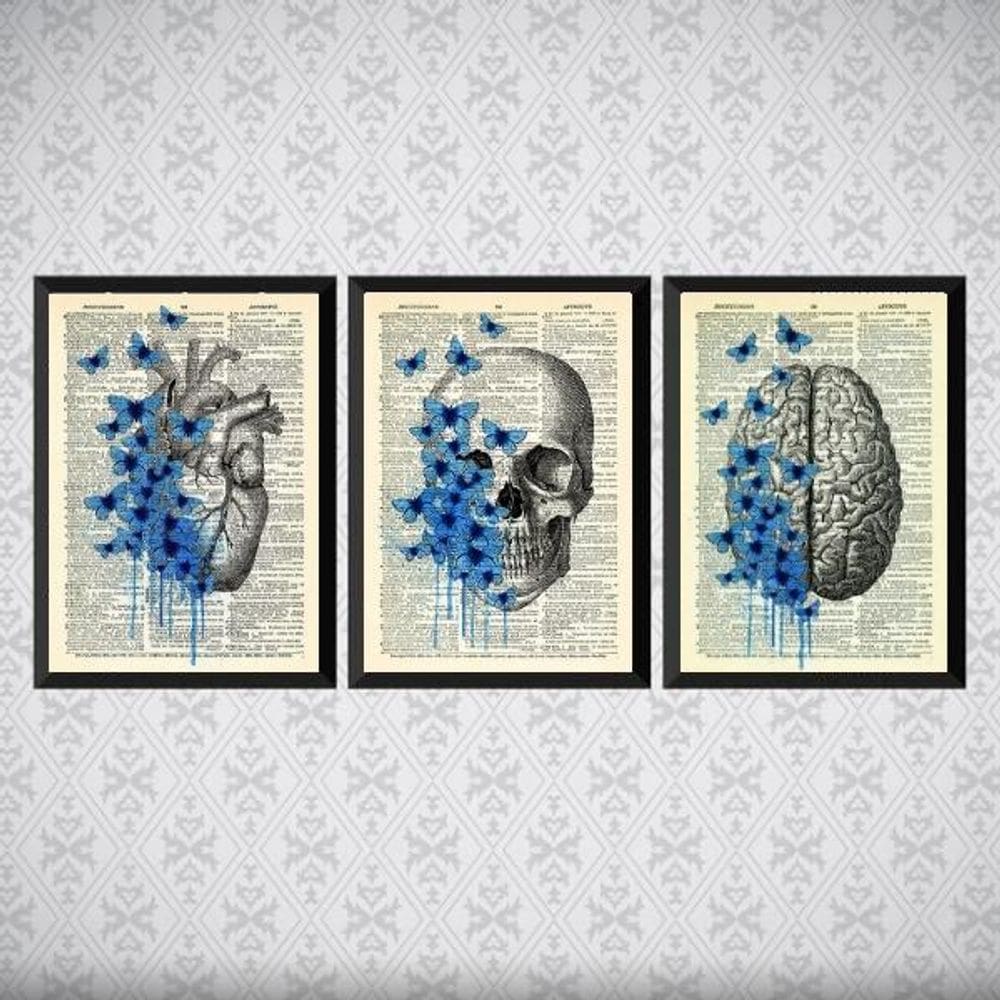 Kit 3 Quadros Psicologia Cérebro Coração 33X24Cm Vidro Preta