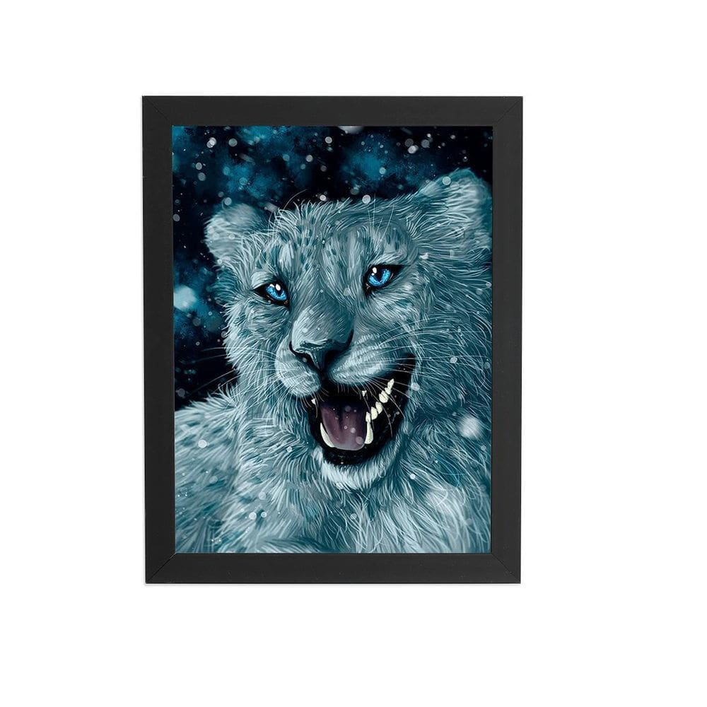 Tigre Branco Olhos Azuis Arte Quadro Moldura Preta 60X40Cm