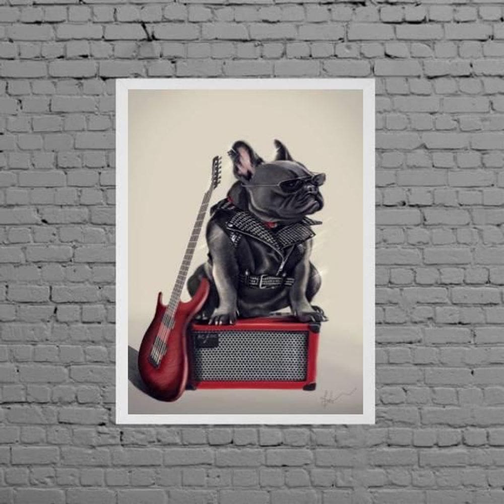 Quadro Bulldog Francês Rock 45X34Cm Com Vidro Moldura Branca