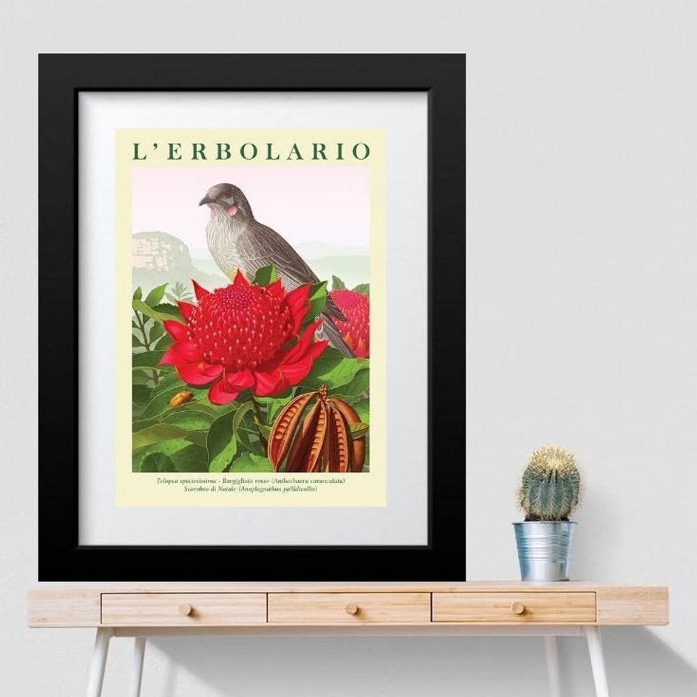 Quadro Passarinho Com Flor Vermelha - 60X48Cm