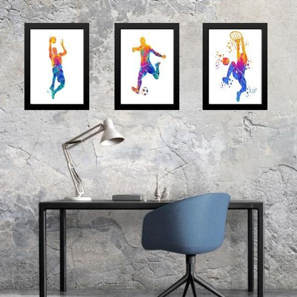 Kit 3 Quadros Aquarela Esportes Diversos 45X34Cm - Com Vidro