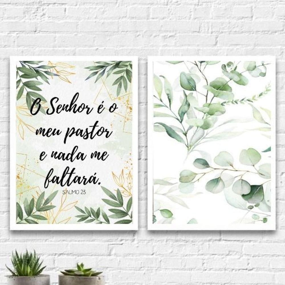 Kit 2 Quadros Evangélicos Salmo 23 33X24Cm - Madeira Branca