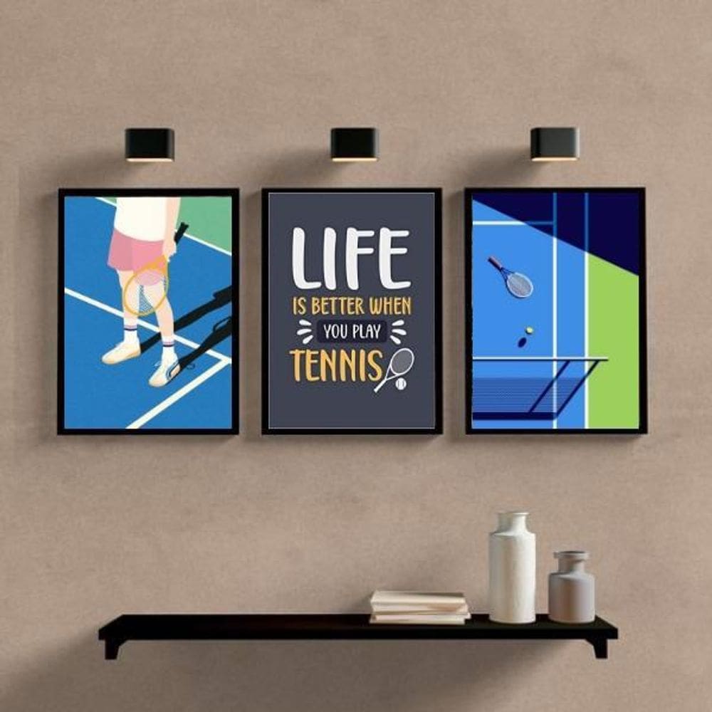 Kit 3 Quadros Play Tennis 33X24Cm Preta