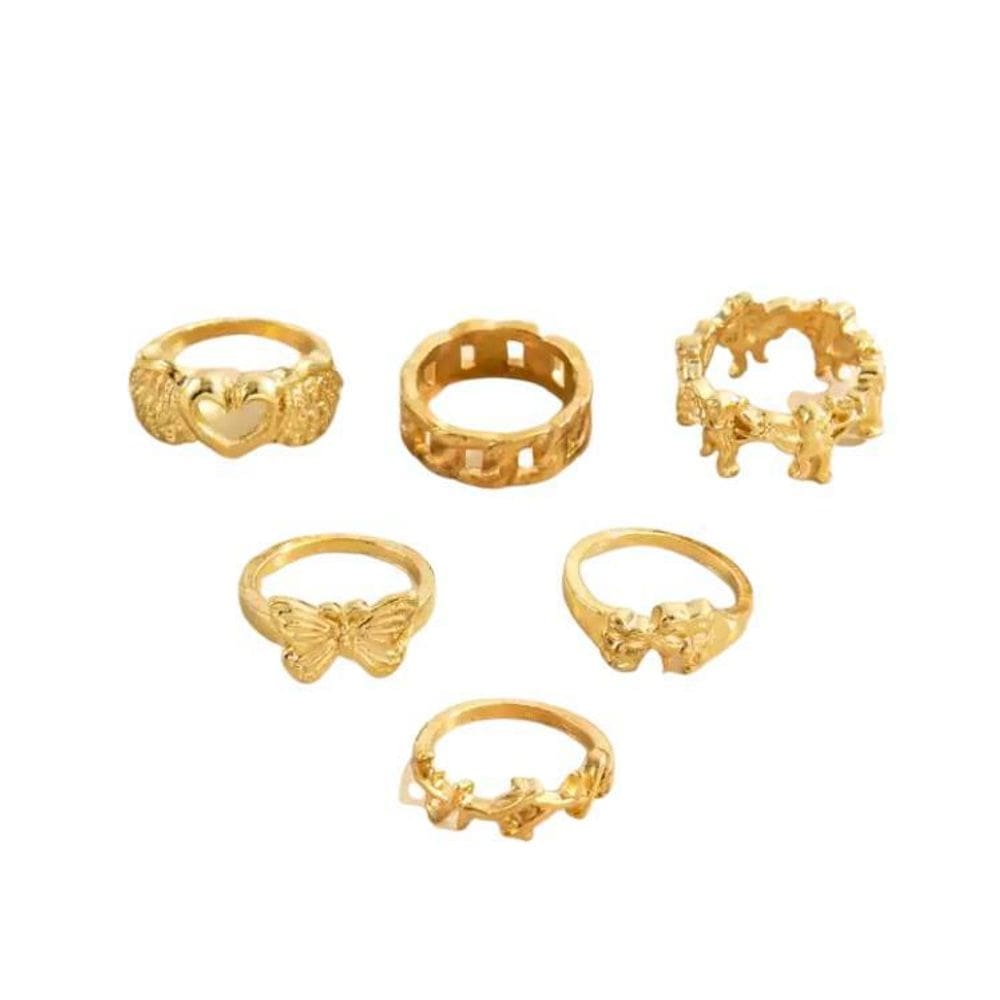 Anel Kit 6 Peças Dourado Borboleta Mascara Coração Asas