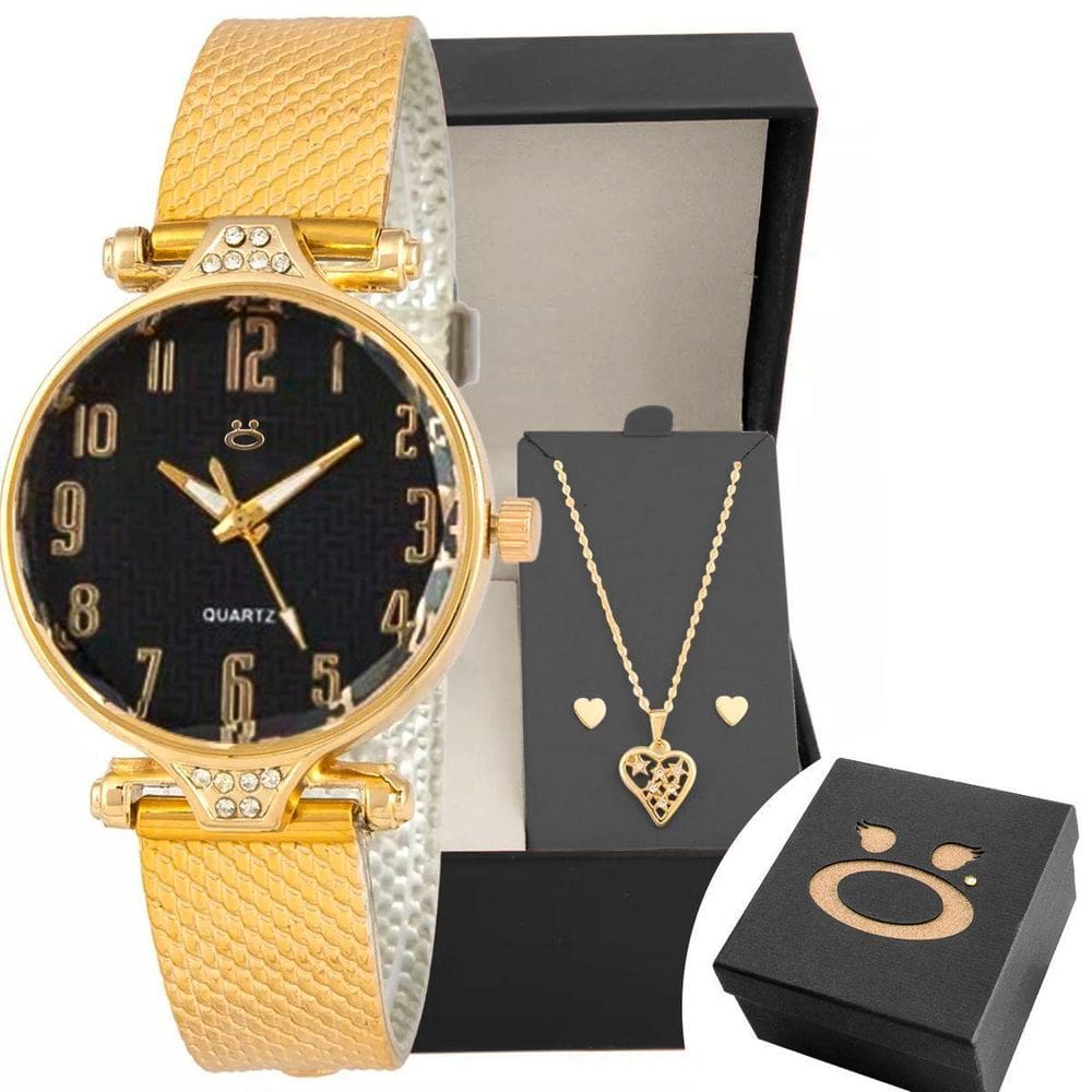 Relogio Feminino Dourado Aço + Colar Coração Brinco + Caixa
