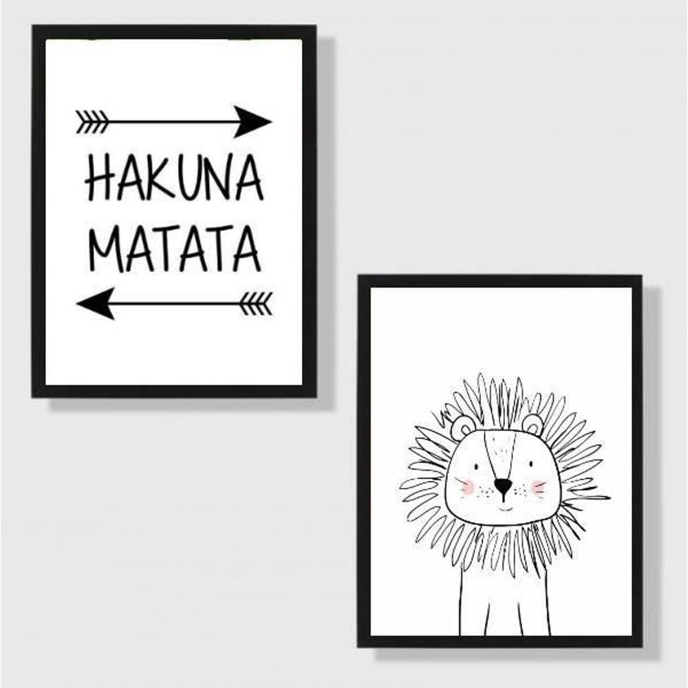Kit 2 Quadros Hakuna Matata Leãozinho 33X24Cm Moldura Preta