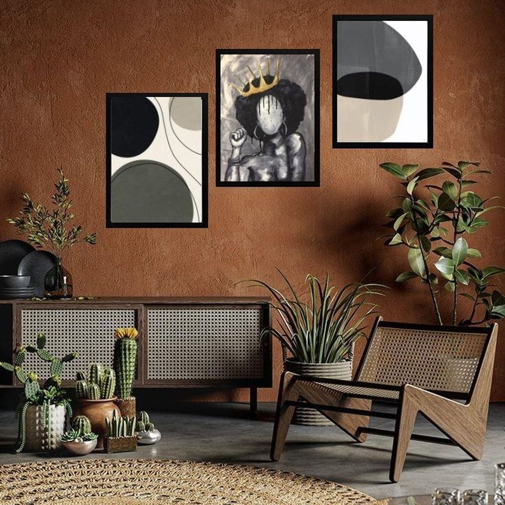 Kit 3 Quadros Arte Mulher Negra Cinza E Preto 45X34Cm Vidro