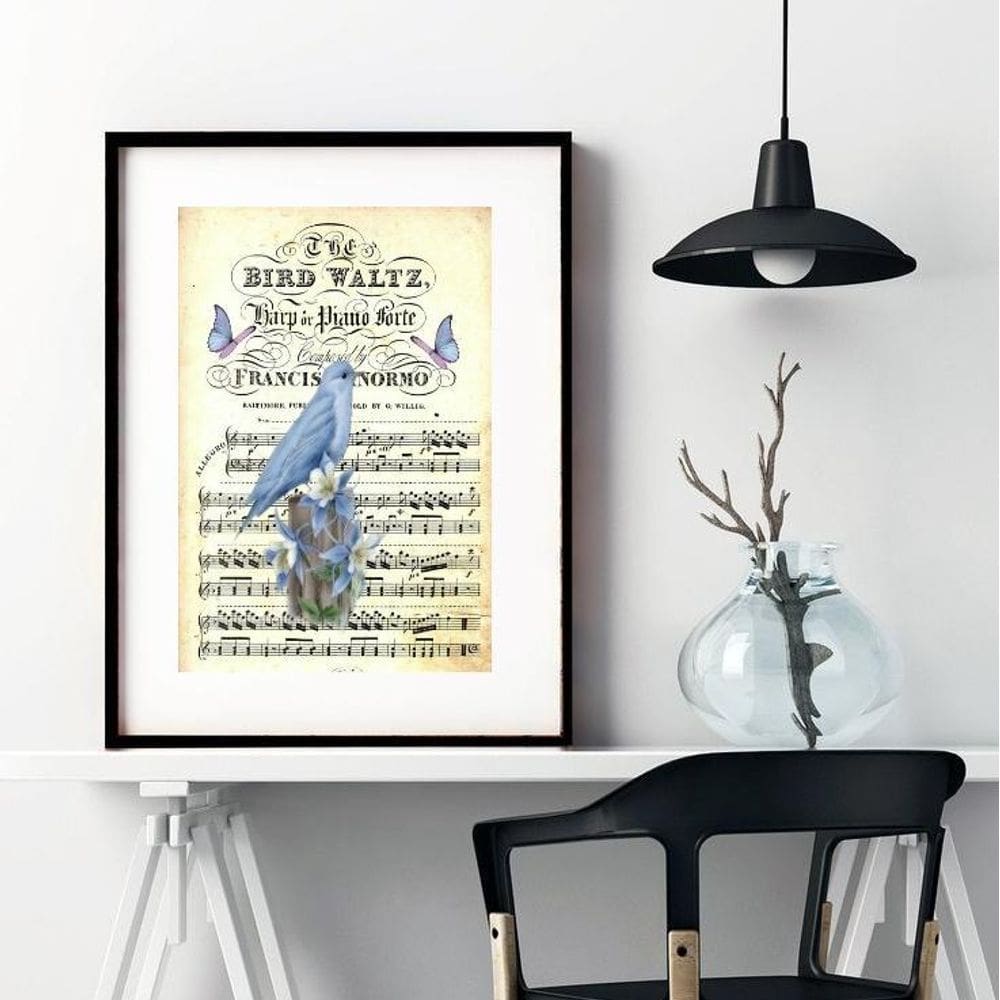 Quadro Passarinho Vintage Azul - 60X48Cm