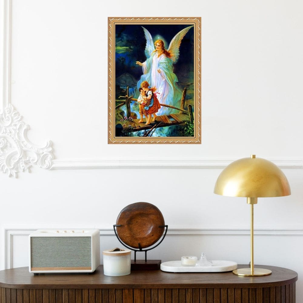 Quadro Moldura Dourada Anjo Da Guarda Com Crianças 33X24Cm