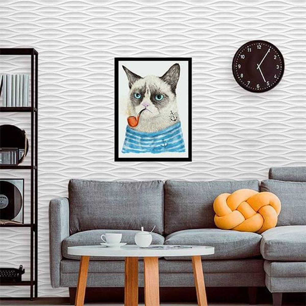 Quadro Decorativo Gato Marinheiro 45x34Cm Moldura Preta