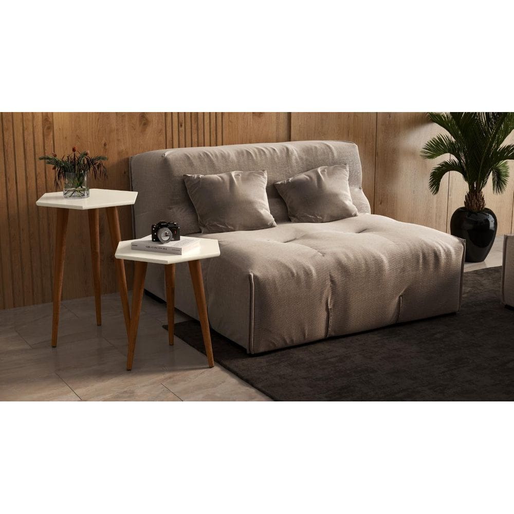 Jogo 2 Mesas Lateral E Apoio Pés Palito Tampo Sextavado Plus