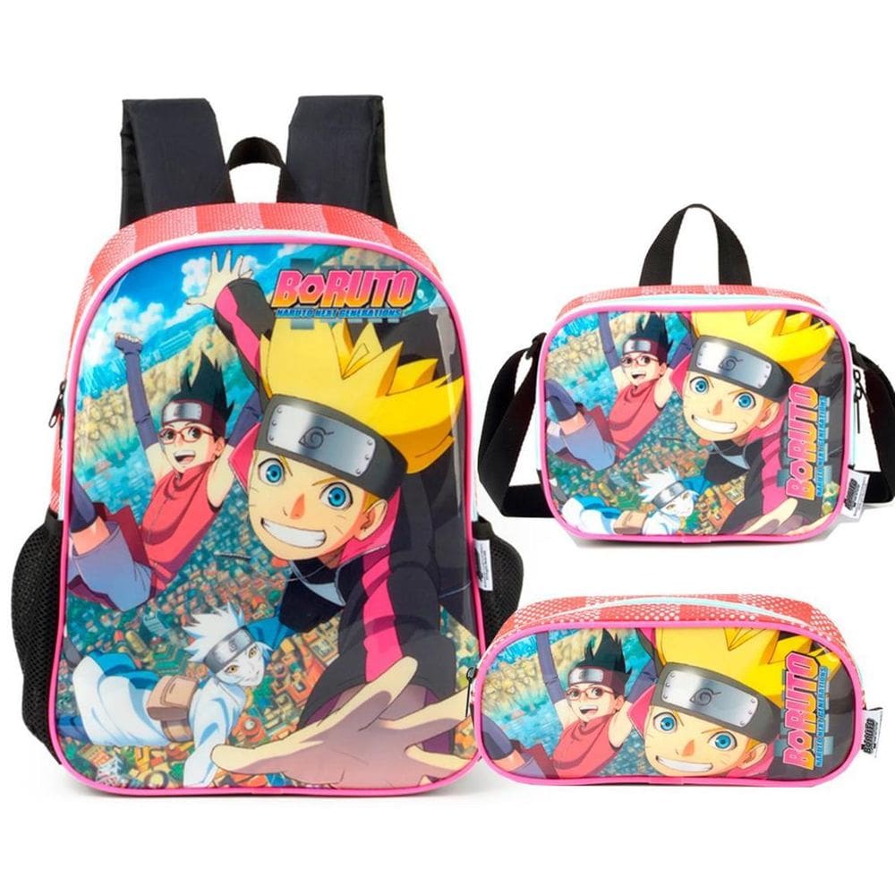 Kit Mochila Lancheira E Estojo Boruto Naruto Vermelha Escola