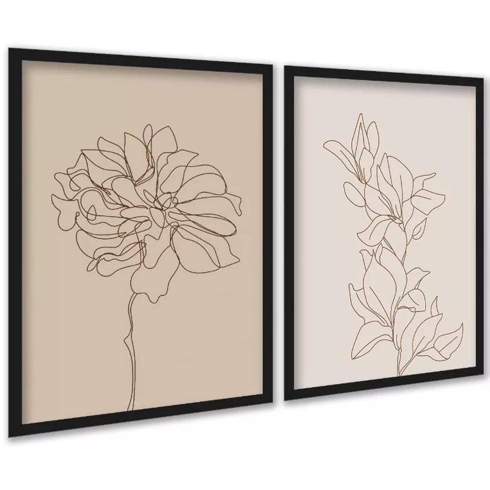 Kit 2 Quadros Flores Linhas Suaves - Bege 45X34Cm - Vidro