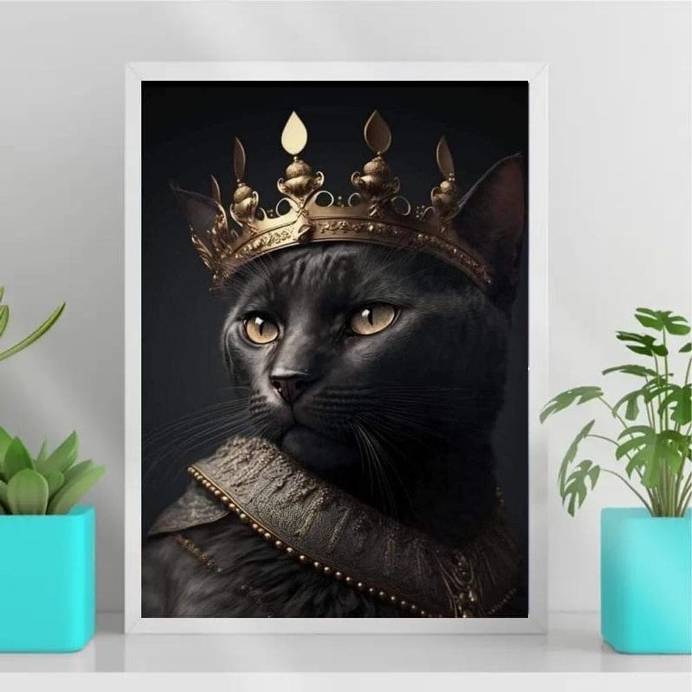 Quadro Gato Preto Com Coroa 33x24cm - Madeira Branca
