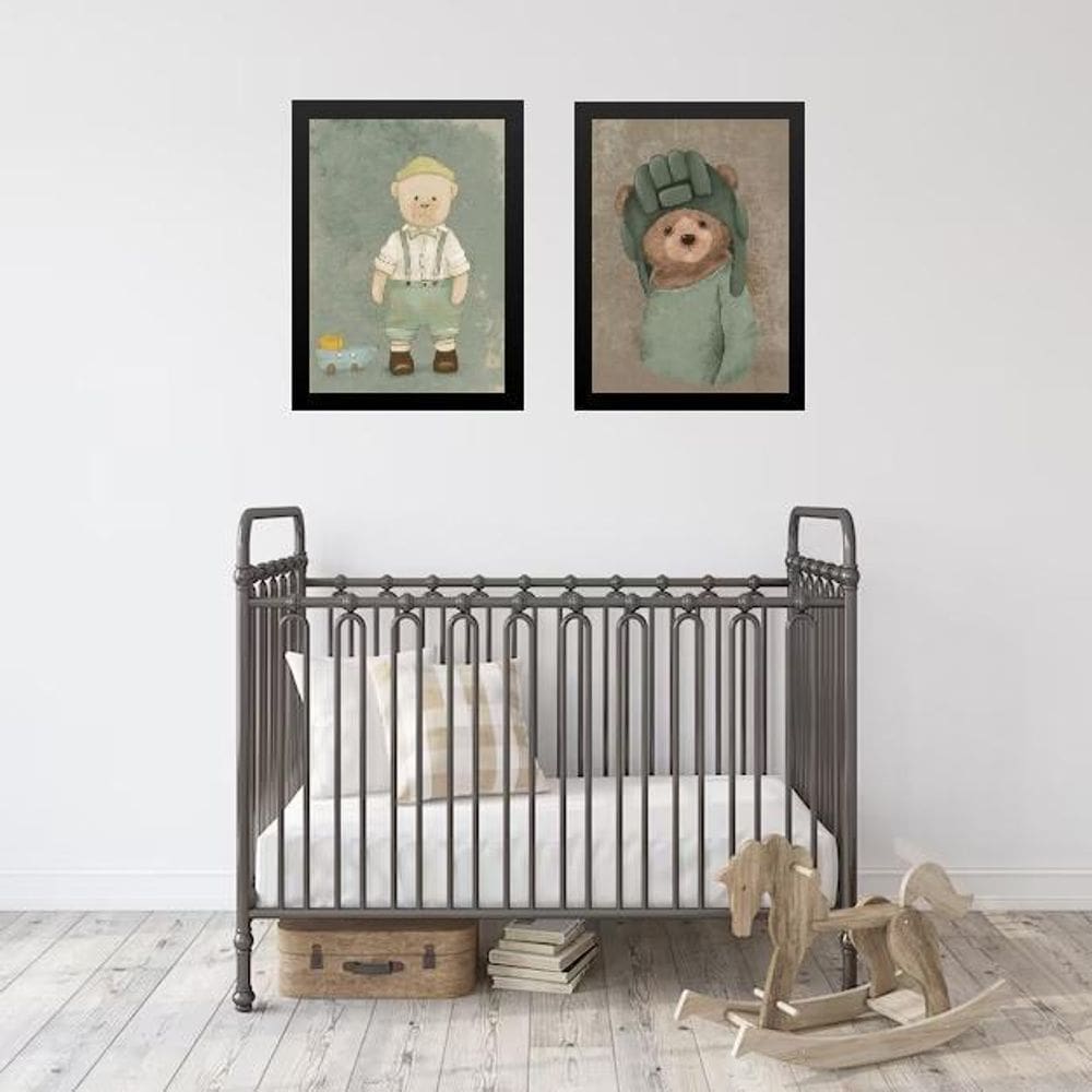 Kit 2 Quadros Quarto De Bebê Ursos Vintage 24X18Cm