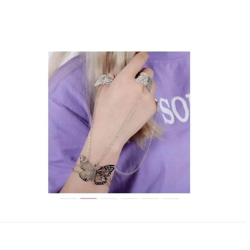 Pulseira Anel Corrente Folheada Prateado Borboletas
