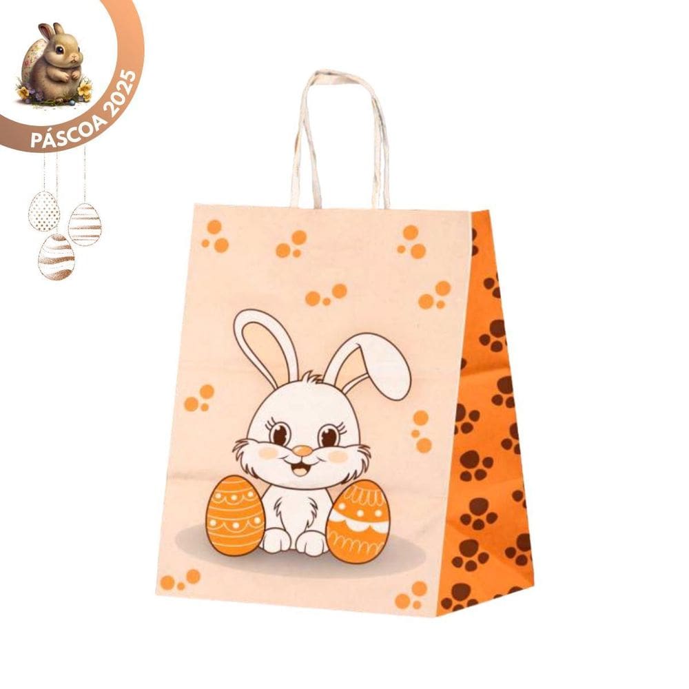 Kit 10 Sacola De Papel Kraft Pascoa Rabbit P 13,5X8X19Cm