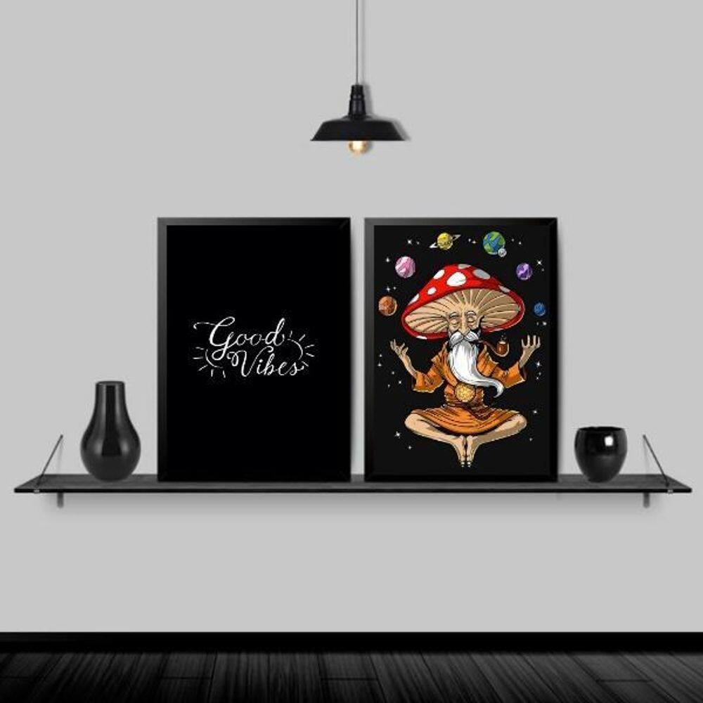 Kit 2 Quadros Monge Meditação Good Vibes 45X34 Moldura Preta